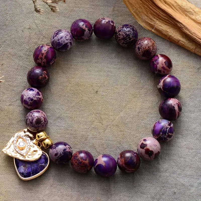 Hearts of Charm Jasper Stretchy Bracelet - purple