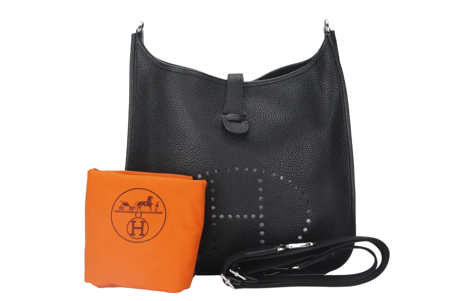 HERMES EVELYN III GM BLACK CLEMENCE LEATHER STAMP T (YEAR 2015)  WITH STRAP AND DUST COVER