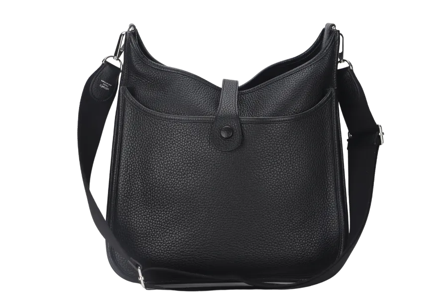 HERMES EVELYN III GM BLACK CLEMENCE LEATHER STAMP T (YEAR 2015)  WITH STRAP AND DUST COVER