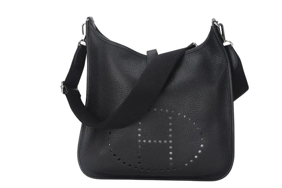 HERMES EVELYN III GM BLACK CLEMENCE LEATHER STAMP T (YEAR 2015)  WITH STRAP AND DUST COVER