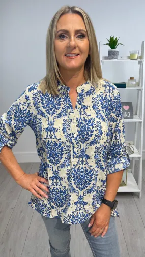 Ivy - Blue Damask Print Button Top