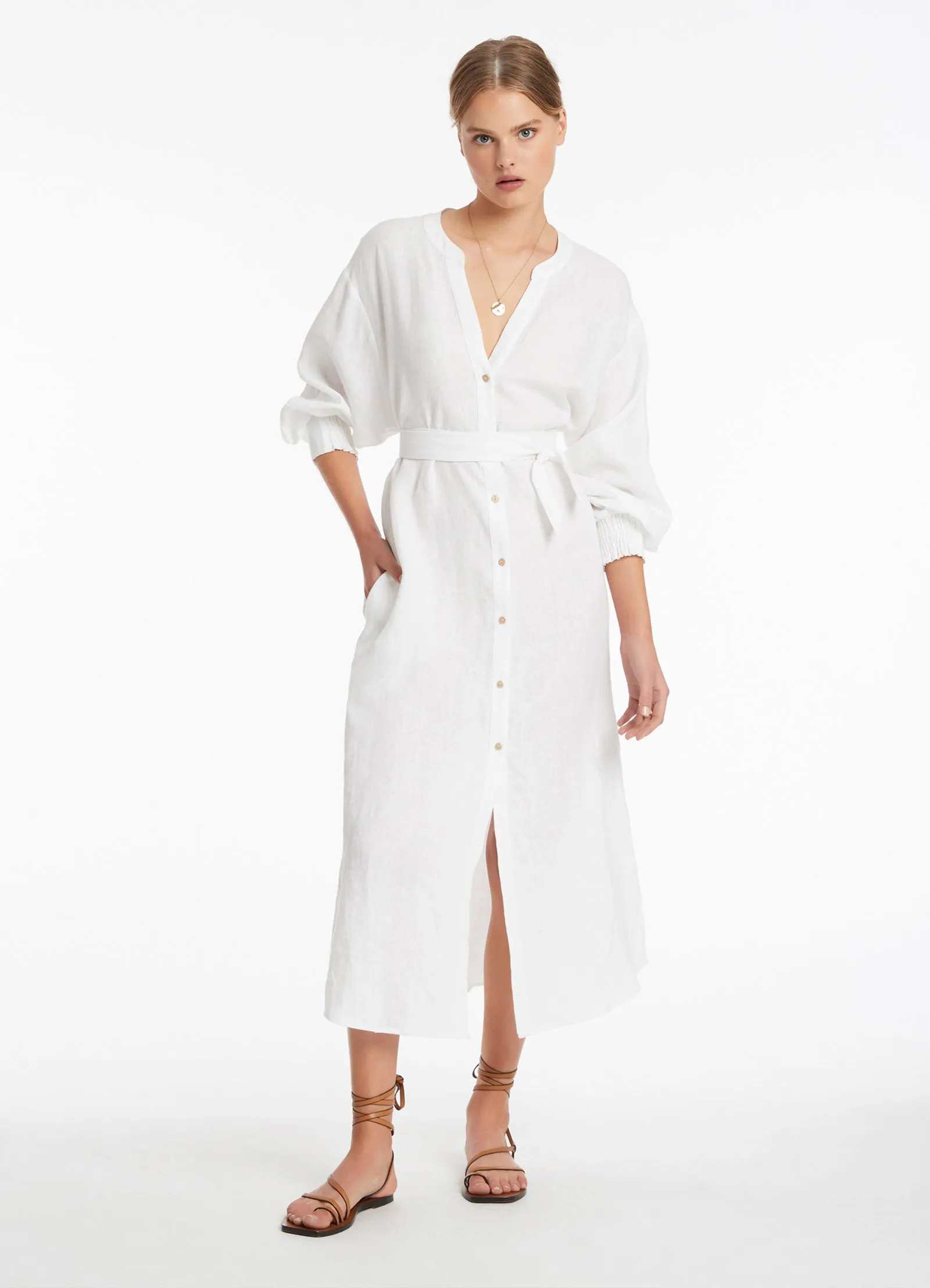 Jetset Shirred Cuff Shirt Dress - White