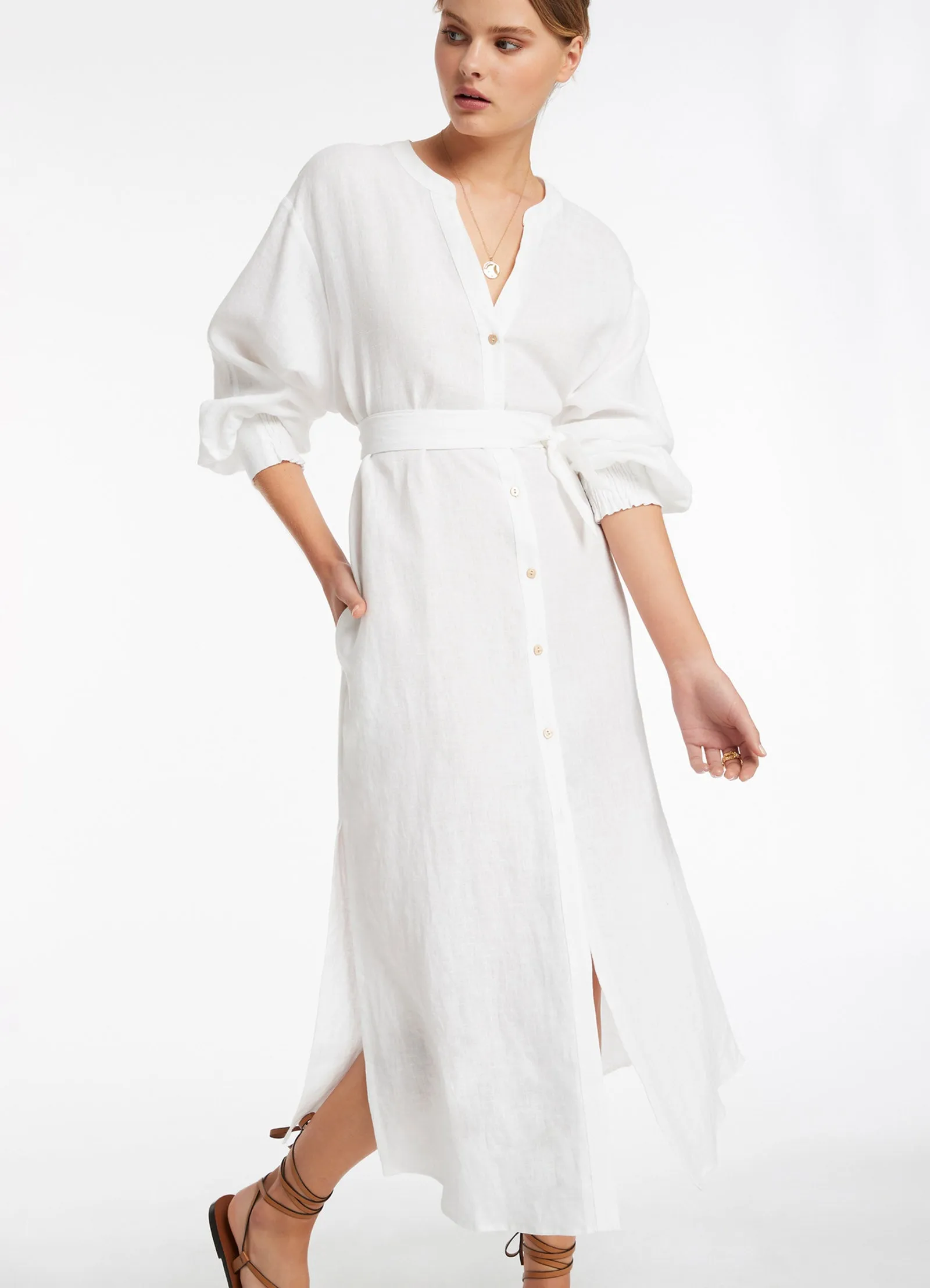 Jetset Shirred Cuff Shirt Dress - White