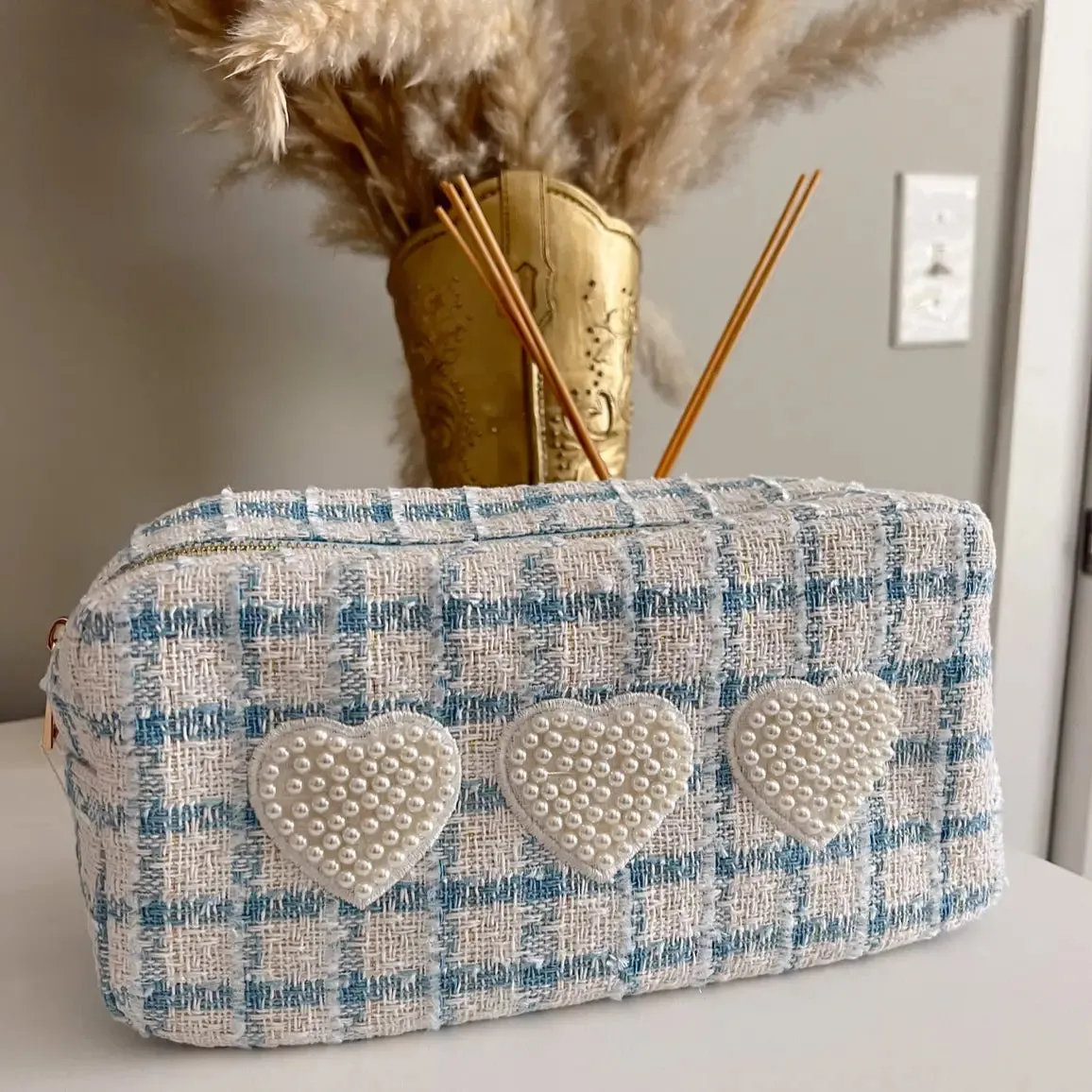 Light Blue Plaid 3 Hearts Bag