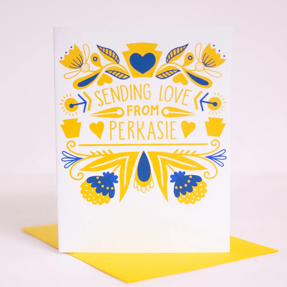 Love from Perkasie greeting card, folk art Perkasie greeting card, made in Pennsylvania art