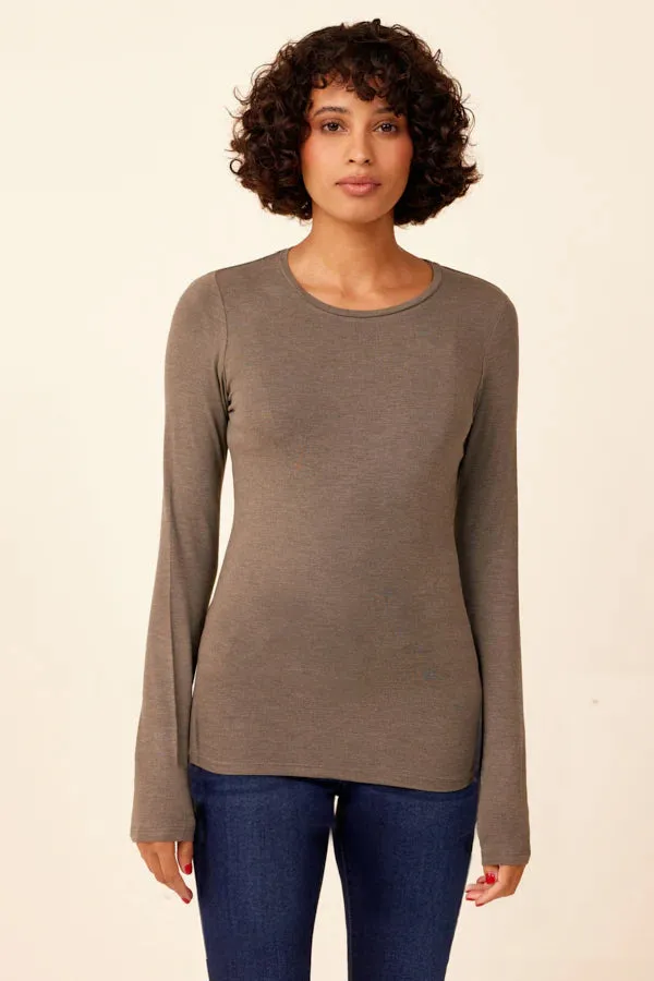 Majestic Long Sleeve Soft Touch Viscose Crewneck in Militaire