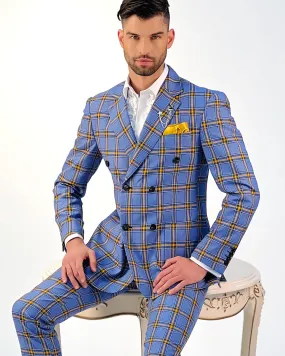 men plaid suit, blue/gold