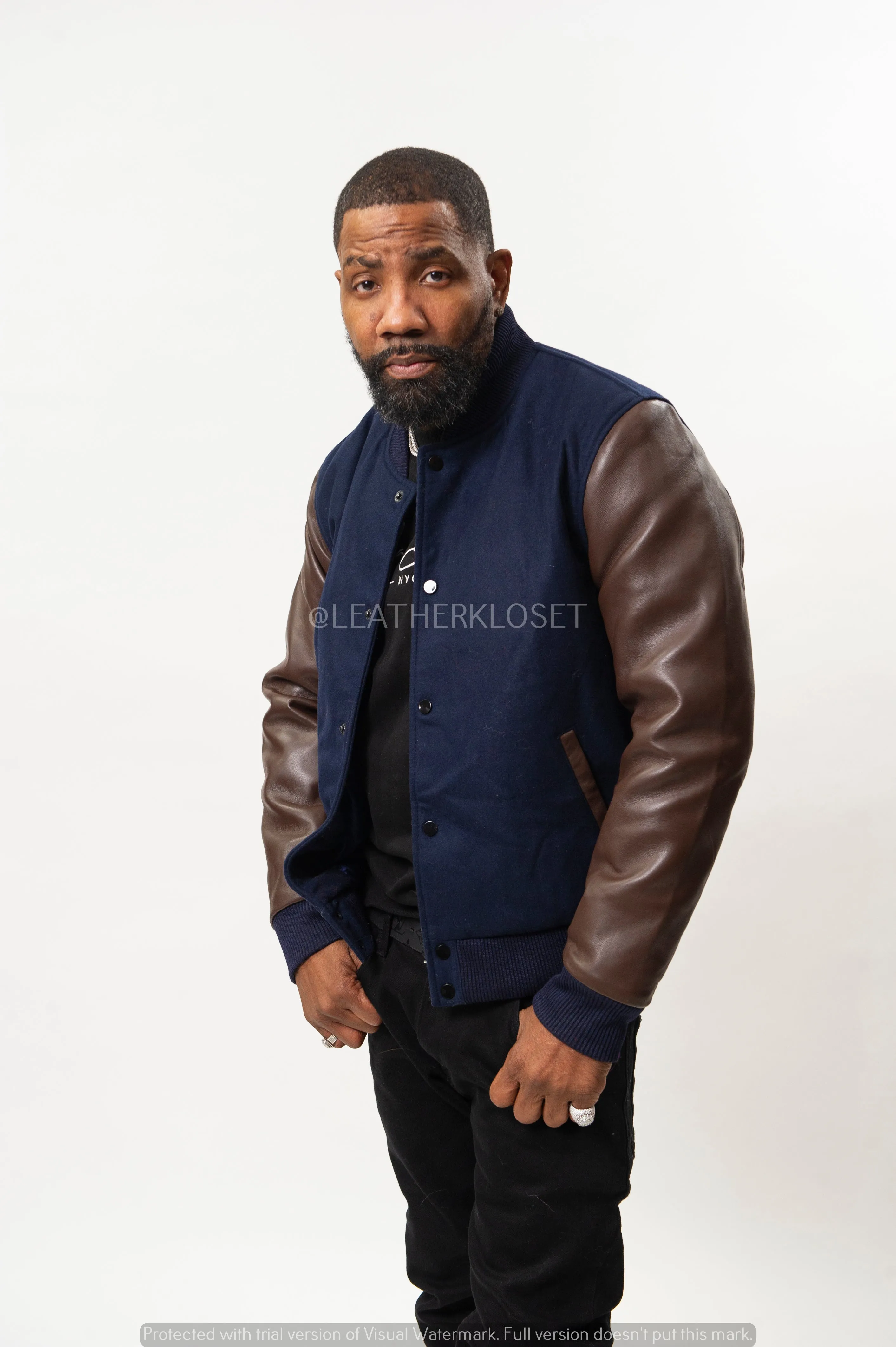 Men's Classic Wool And Leather Varsity Jacket [Navy/Chocolate]