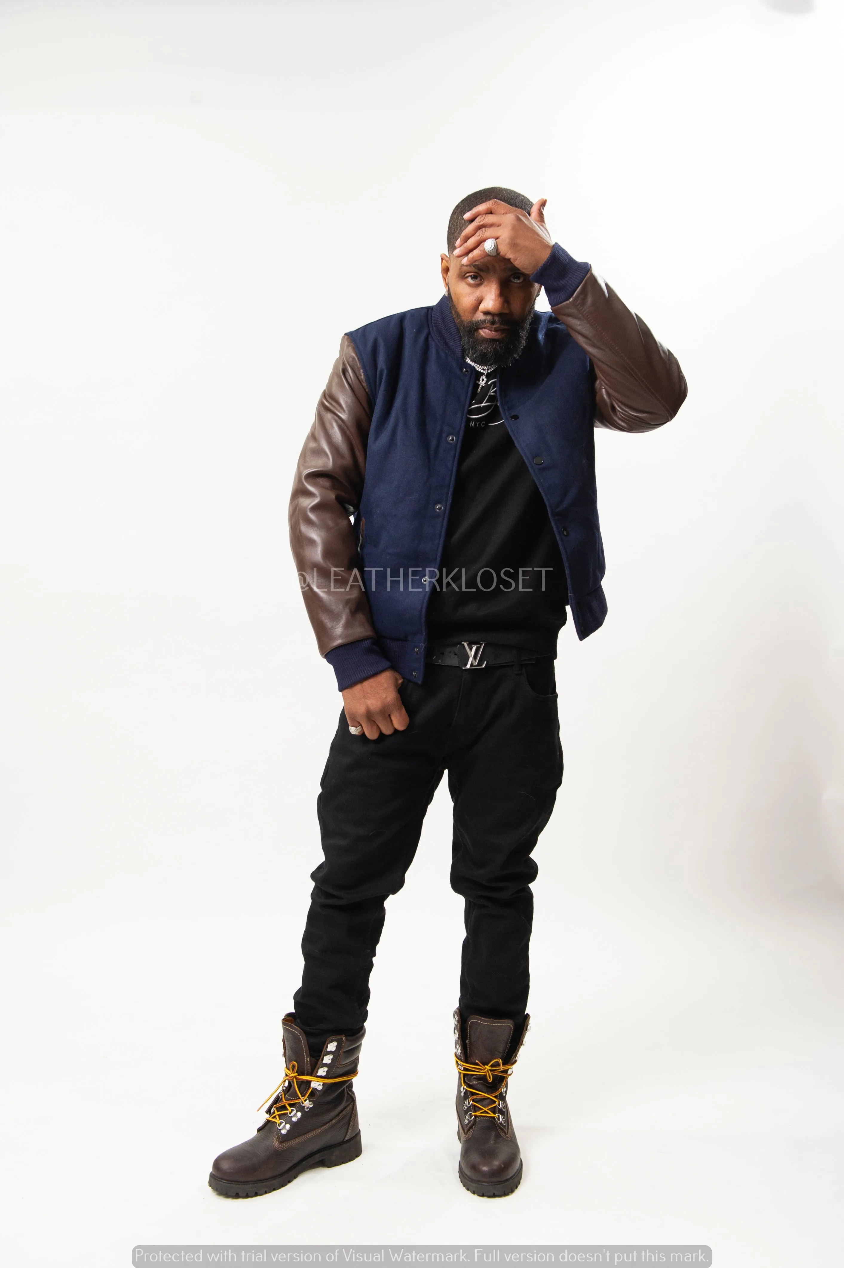 Men's Classic Wool And Leather Varsity Jacket [Navy/Chocolate]