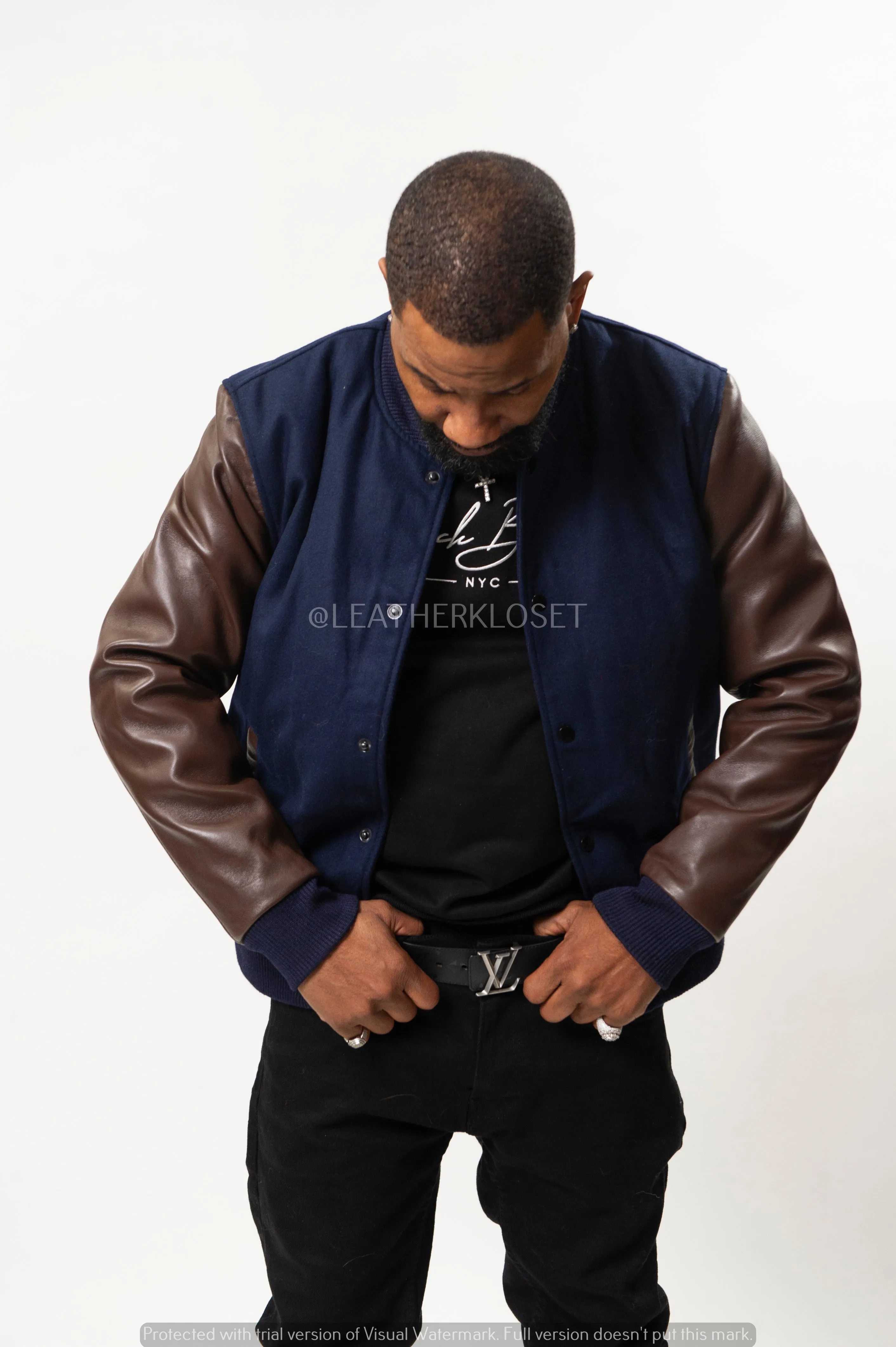 Men's Classic Wool And Leather Varsity Jacket [Navy/Chocolate]