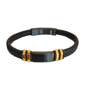 Mens leather stainless steel bracelet black Gold