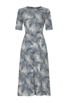 Midi Length Dress with Sleeves in Stone and Slate Italian Printed Silk Cloqué - Lexie