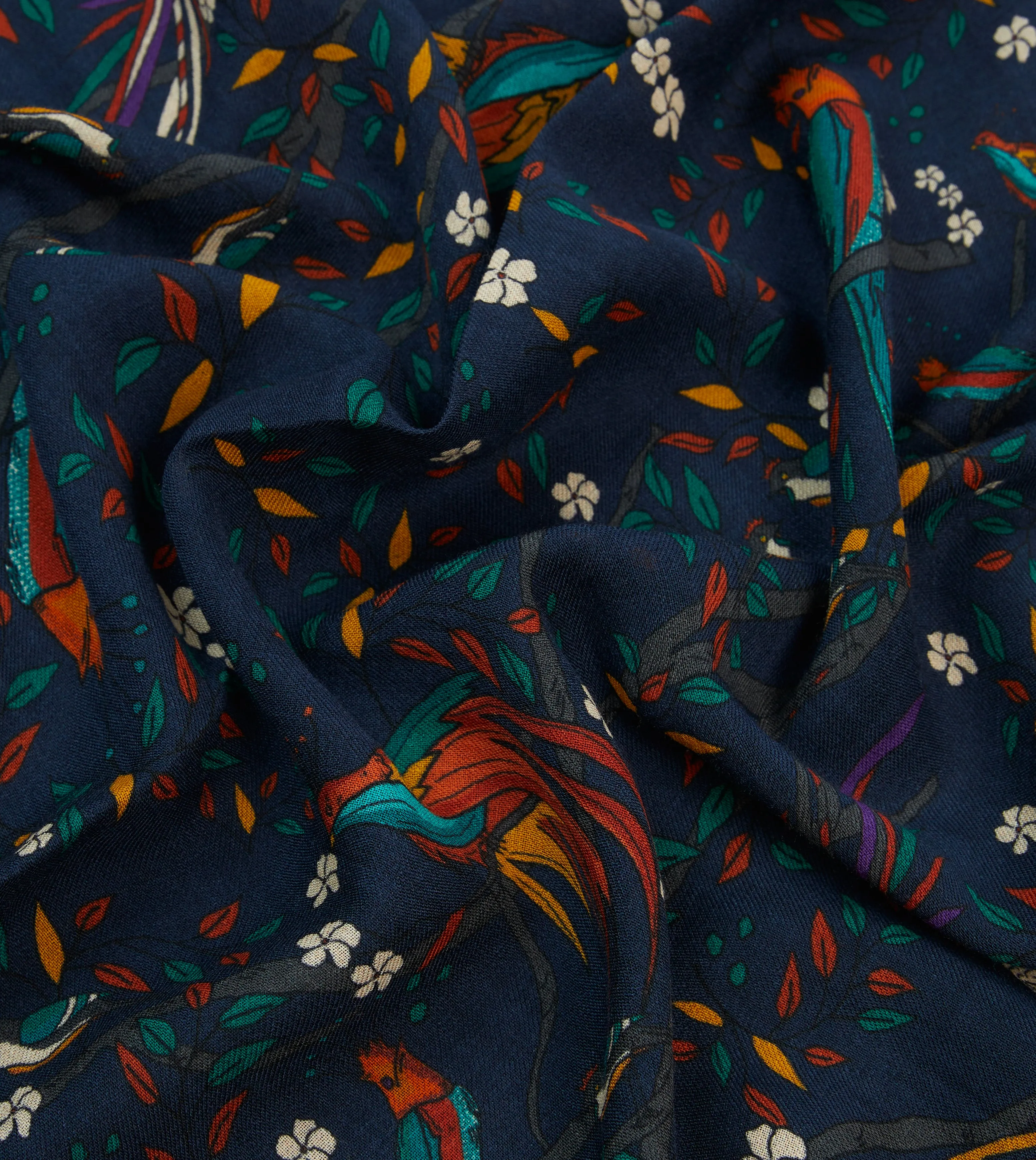 Navy Birds of Paradise Print Wool Scarf