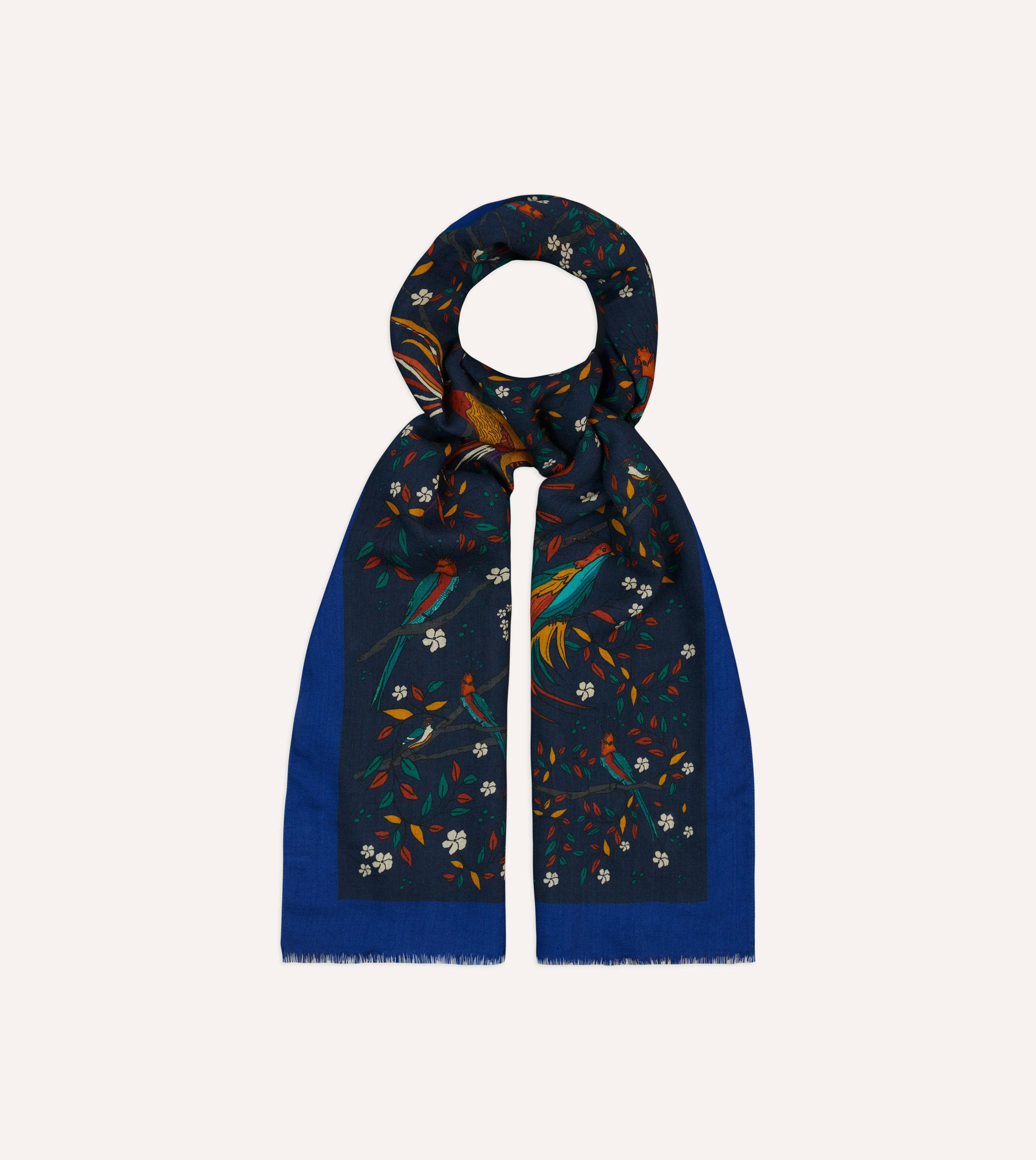 Navy Birds of Paradise Print Wool Scarf