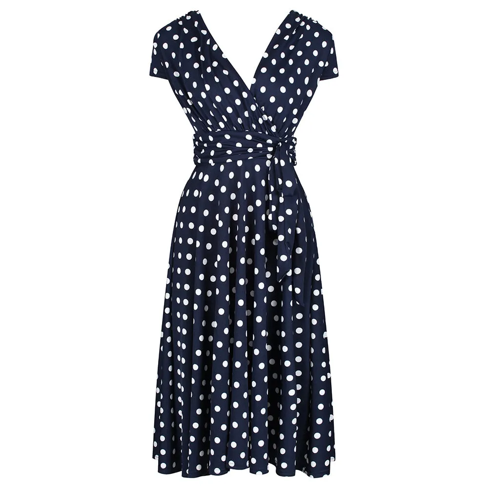 Navy Blue Polka Dot Cap Sleeve Fit And Flare Midi Dress