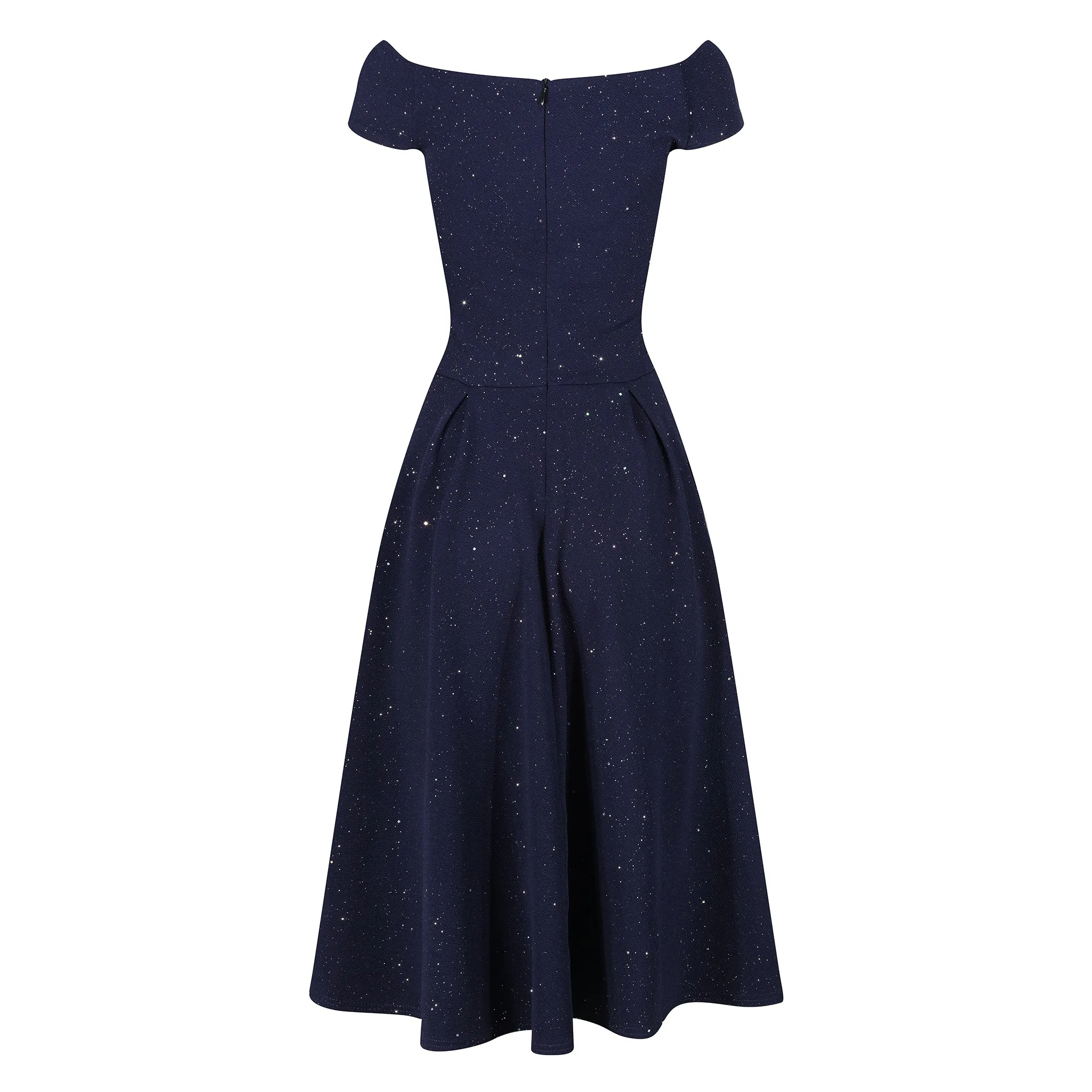 Navy Blue Sparkly Ruched Cap Sleeve Bardot Style 50s Swing Dress