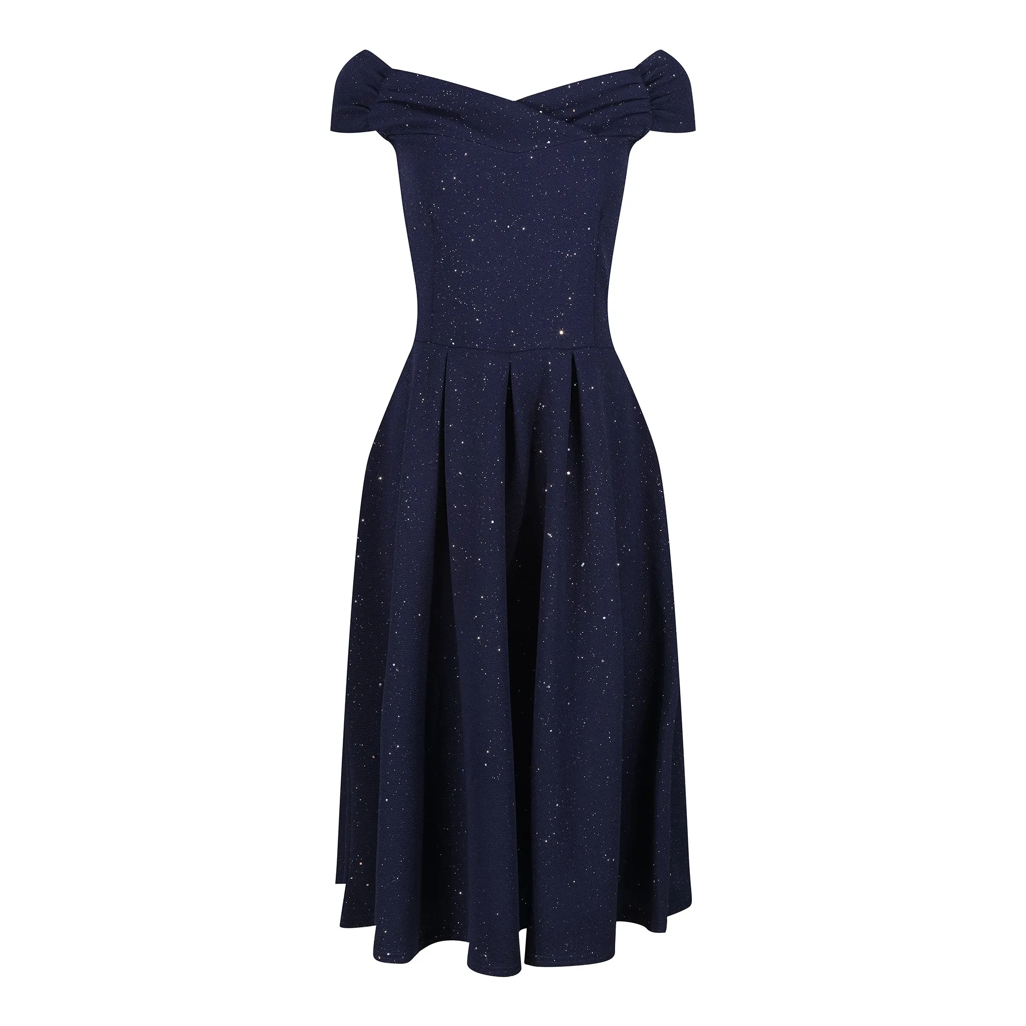 Navy Blue Sparkly Ruched Cap Sleeve Bardot Style 50s Swing Dress