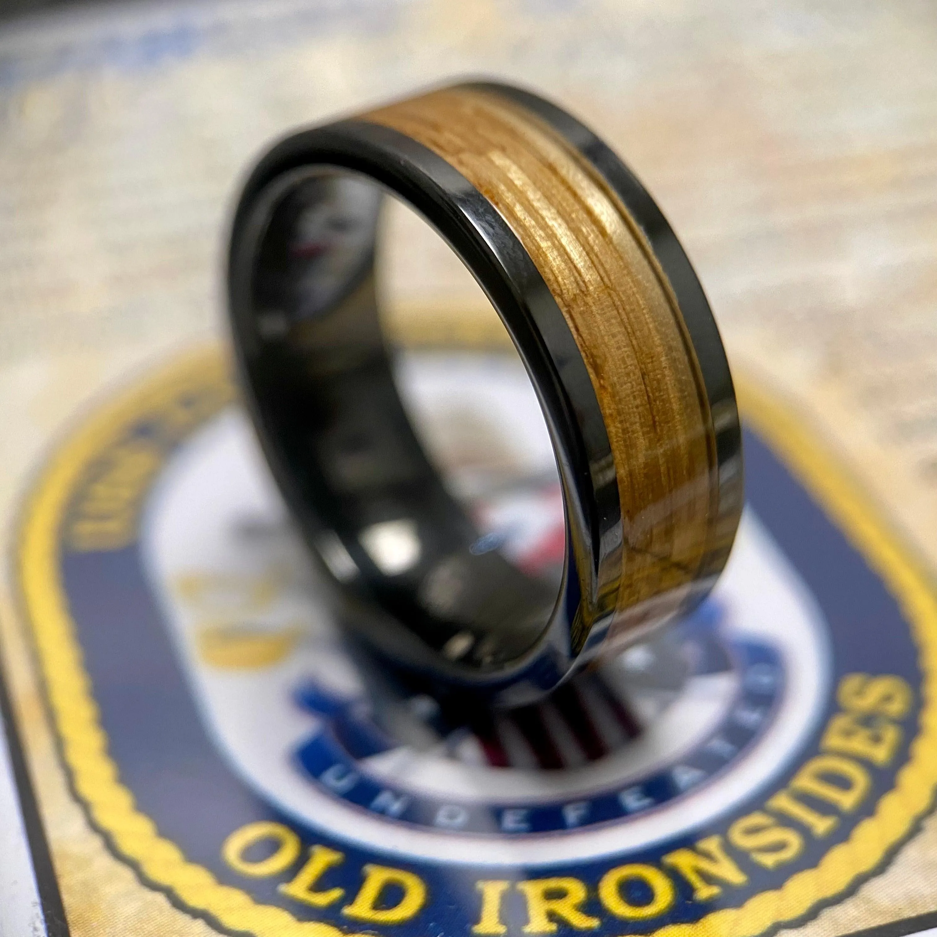 “Old Ironsides" 100% USA Made Black Ceramic Ring With Wood From USS Constitution Ship