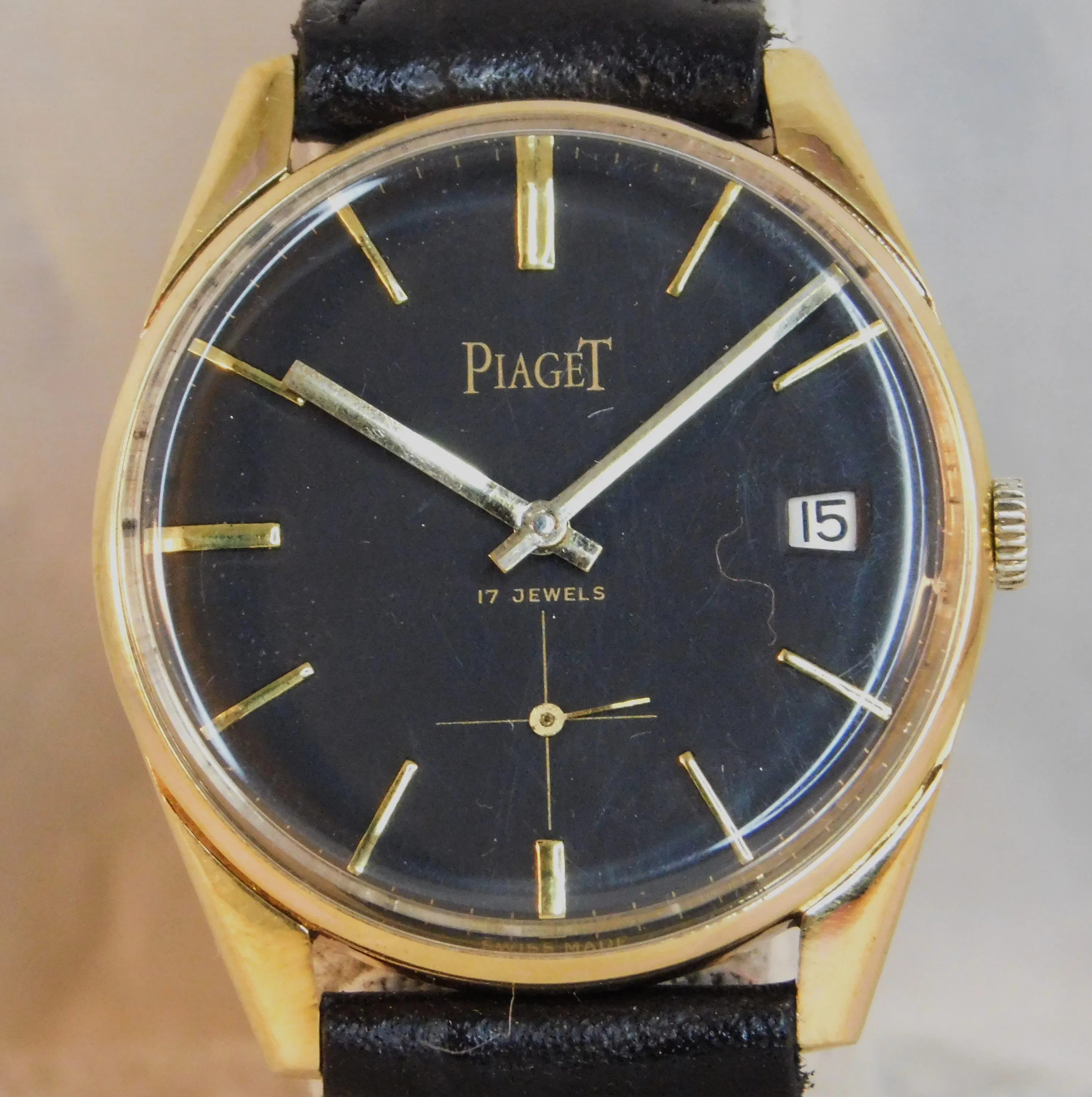 Piaget Classic Black Dial 18K GP Manual Wind Swiss Made 1950's Mens Watch....34mm