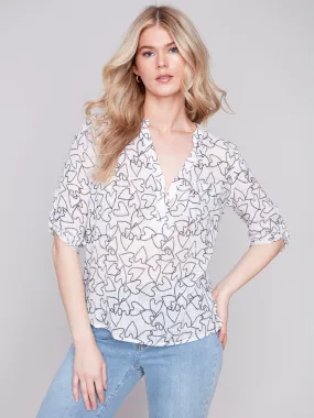 Printed Cotton Gauze Blouse - Hearts