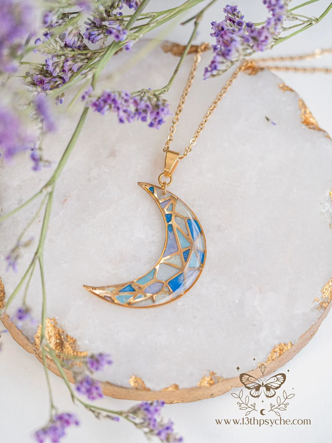 Stained glass inspired blue moon pendant necklace