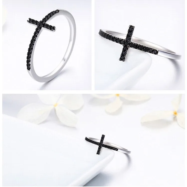 Sterling Silver Black Micro Pave Cross Minimalist Ring