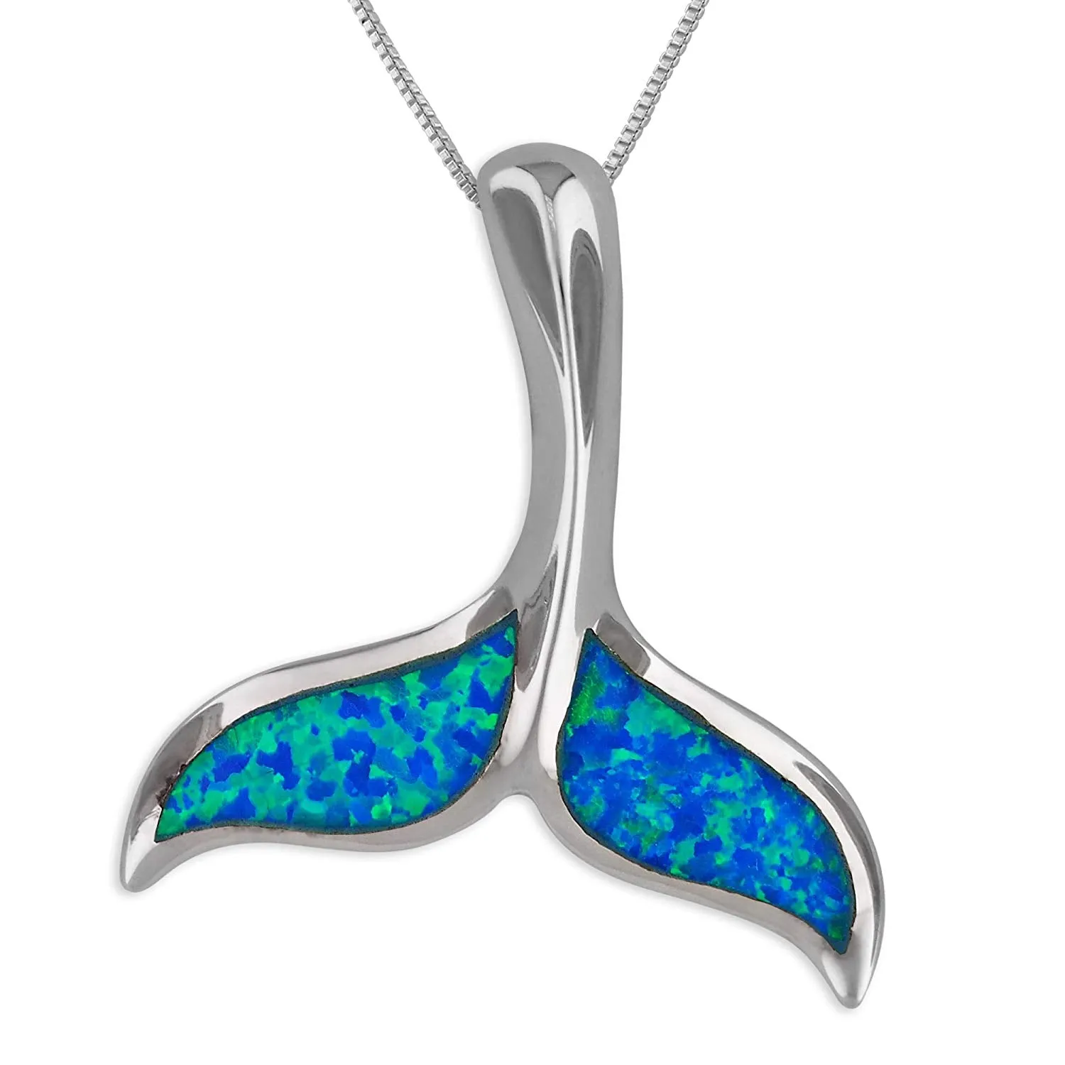 Sterling Silver Synthetic Blue Opal 1 1/8 Inch Whale Tail Pendant Necklace, 16 2" Extender