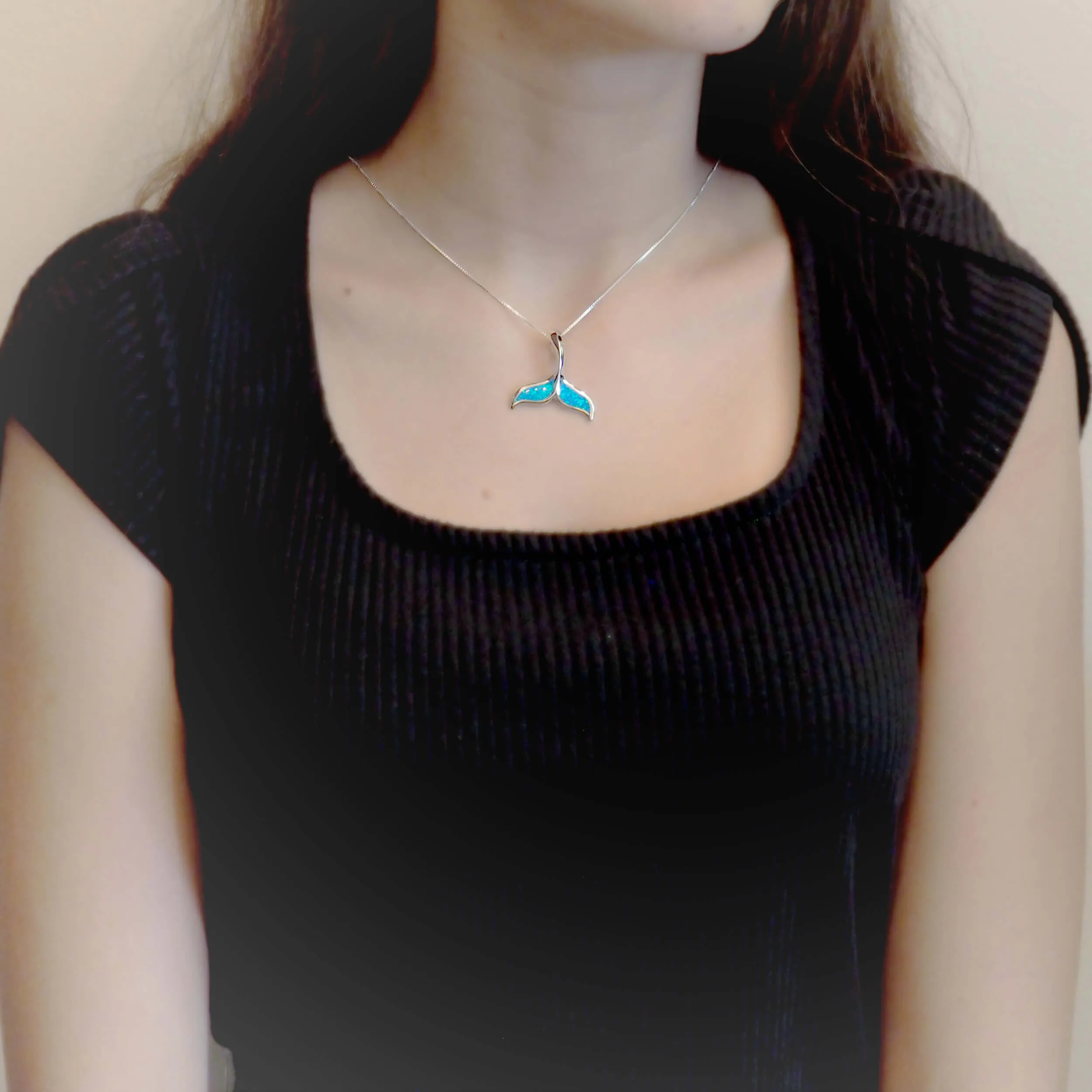 Sterling Silver Synthetic Blue Opal 1 1/8 Inch Whale Tail Pendant Necklace, 16 2" Extender