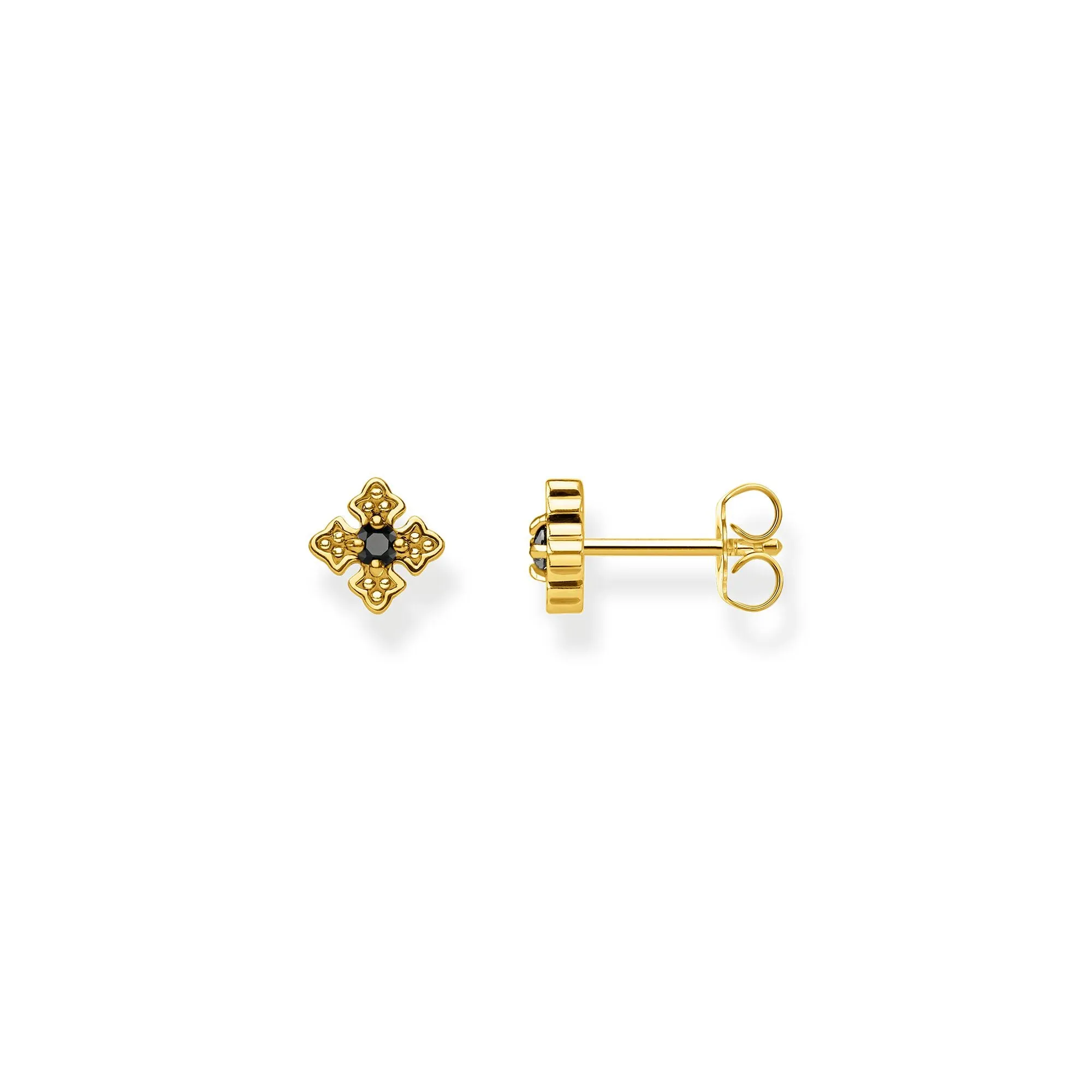 STERLING SILVER YELLOW GOLD PLATED REBEL BLACK CZ CROSS STUD EARRINGS