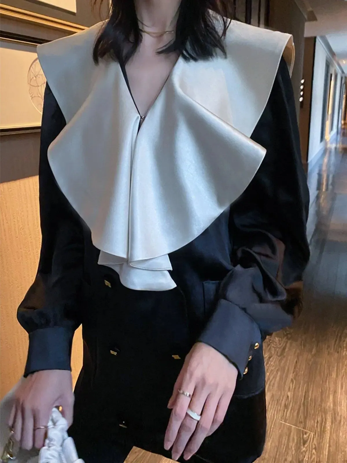 Wide Ruffle Collar Double Breasted Shirt